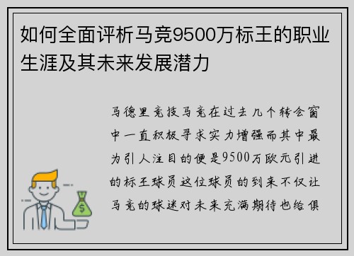 如何全面评析马竞9500万标王的职业生涯及其未来发展潜力